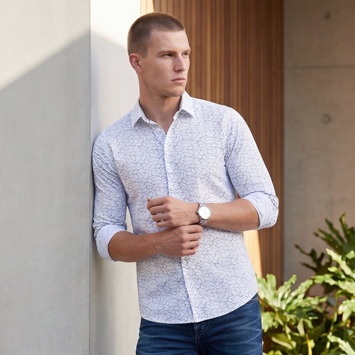 Full sleeves Slim Fit White Abstract Linear Geometric Print Shirt