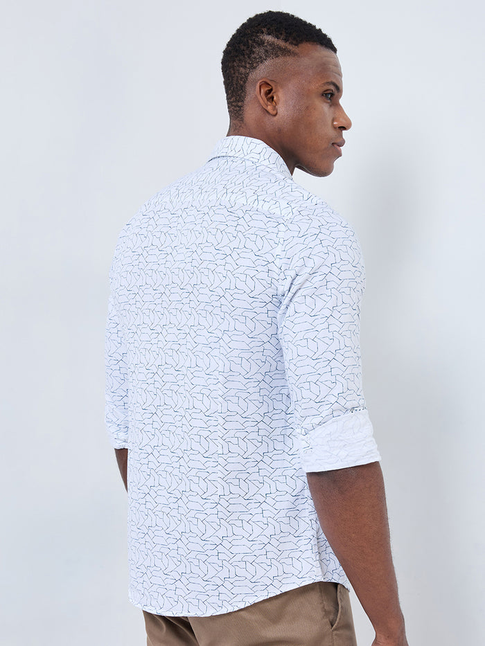 Full sleeves Slim Fit White Abstract Linear Geometric Print Shirt