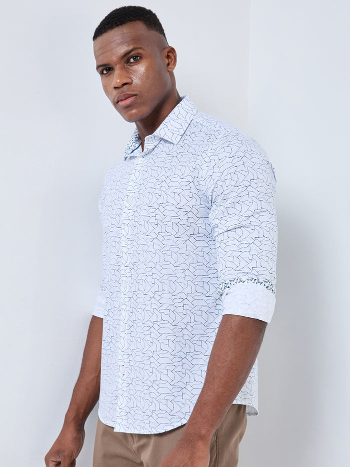 Full sleeves Slim Fit White Abstract Linear Geometric Print Shirt