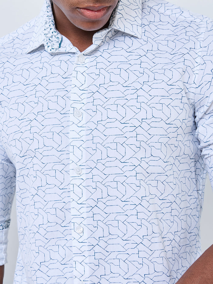 Full sleeves Slim Fit White Abstract Linear Geometric Print Shirt