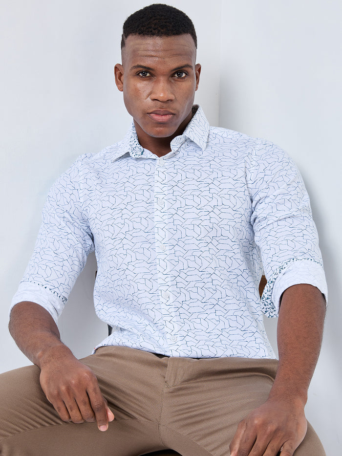 Full sleeves Slim Fit White Abstract Linear Geometric Print Shirt