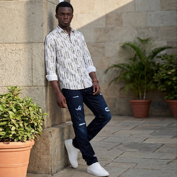Full Sleeves Slim Fit White Abstract Textured Stripe Print Shirt