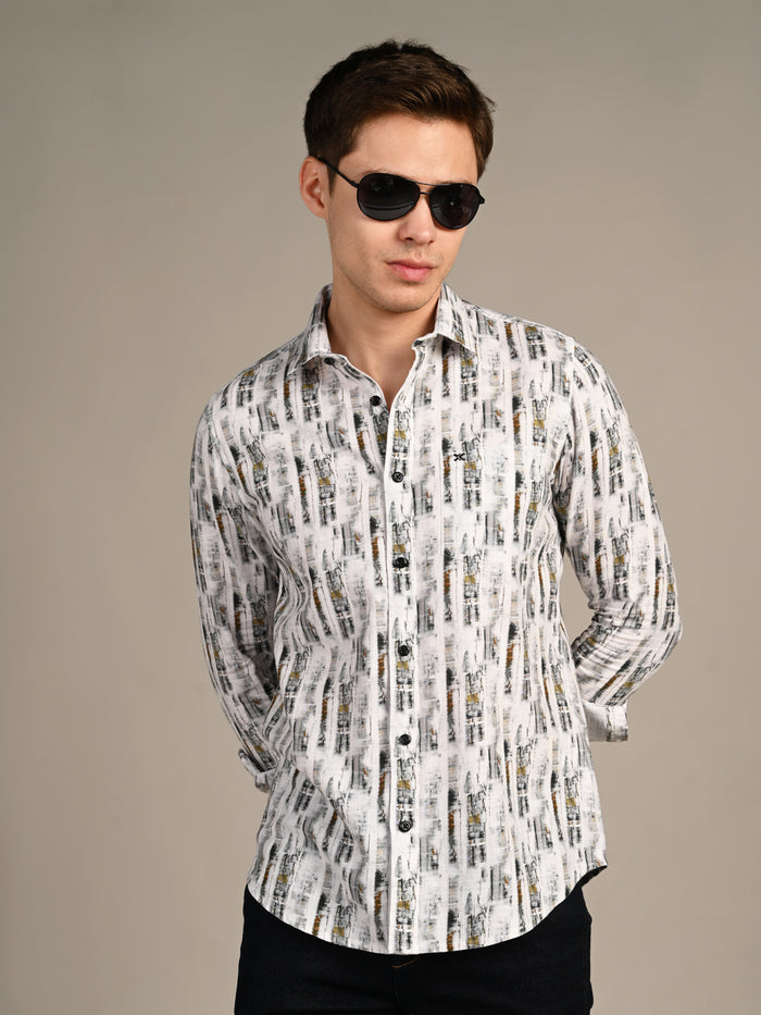 Full Sleeves Slim Fit White Abstract Textured Stripe Print Shirt