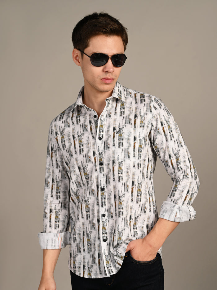 Full Sleeves Slim Fit White Abstract Textured Stripe Print Shirt