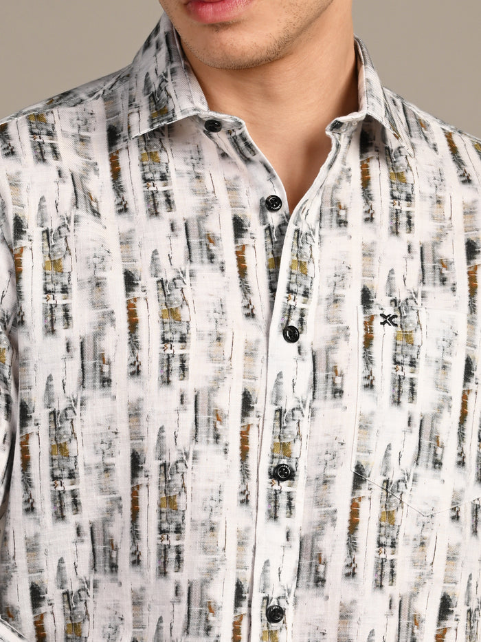 Full Sleeves Slim Fit White Abstract Textured Stripe Print Shirt