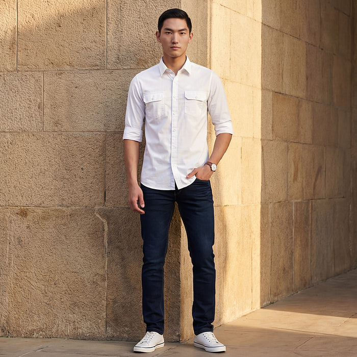 Full sleeves Slim Fit White Double Pocket Solid Shirt