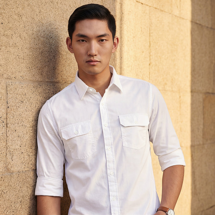 Full sleeves Slim Fit White Double Pocket Solid Shirt