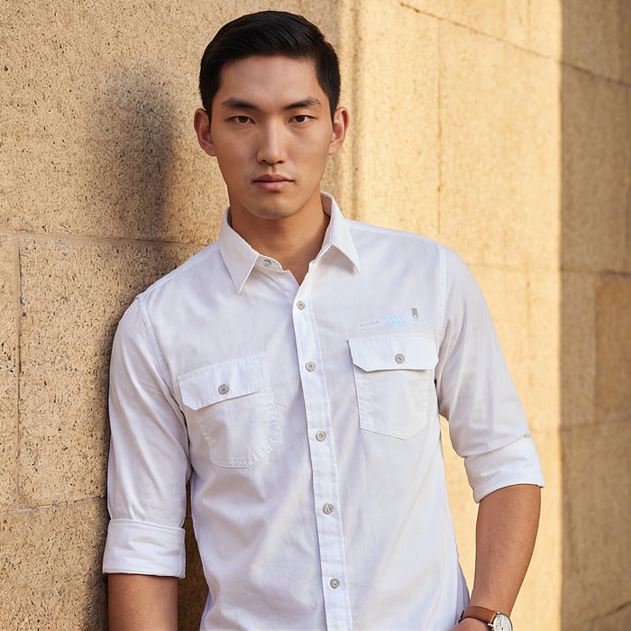 Full sleeves Slim Fit White Double Pocket Solid Shirt