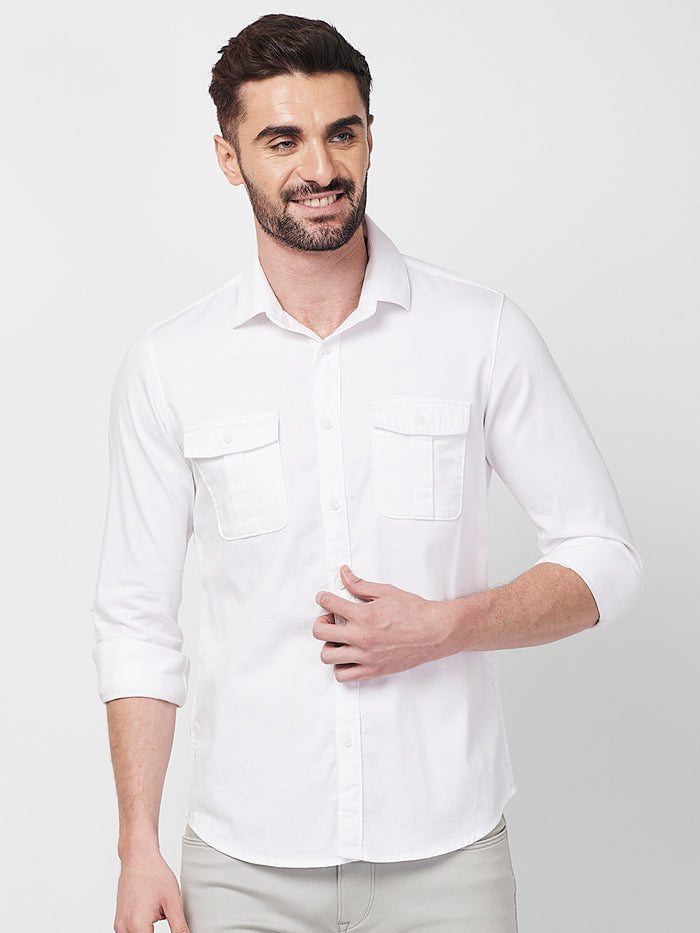 Full sleeves Slim Fit White Double Pocket Solid Shirt