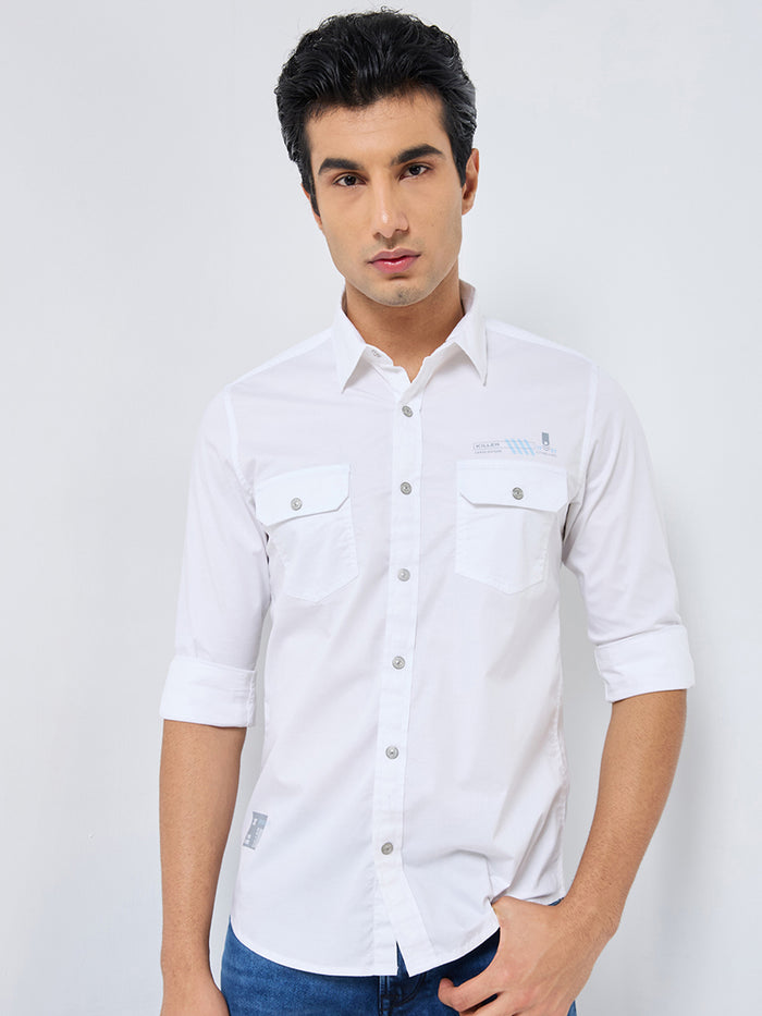 Full sleeves Slim Fit White Double Pocket Solid Shirt