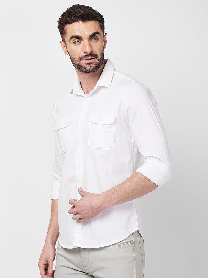 Full sleeves Slim Fit White Double Pocket Solid Shirt