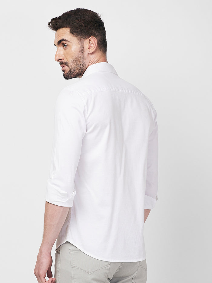 Full sleeves Slim Fit White Double Pocket Solid Shirt