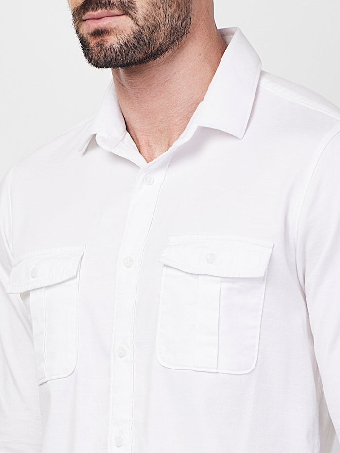 Full sleeves Slim Fit White Double Pocket Solid Shirt