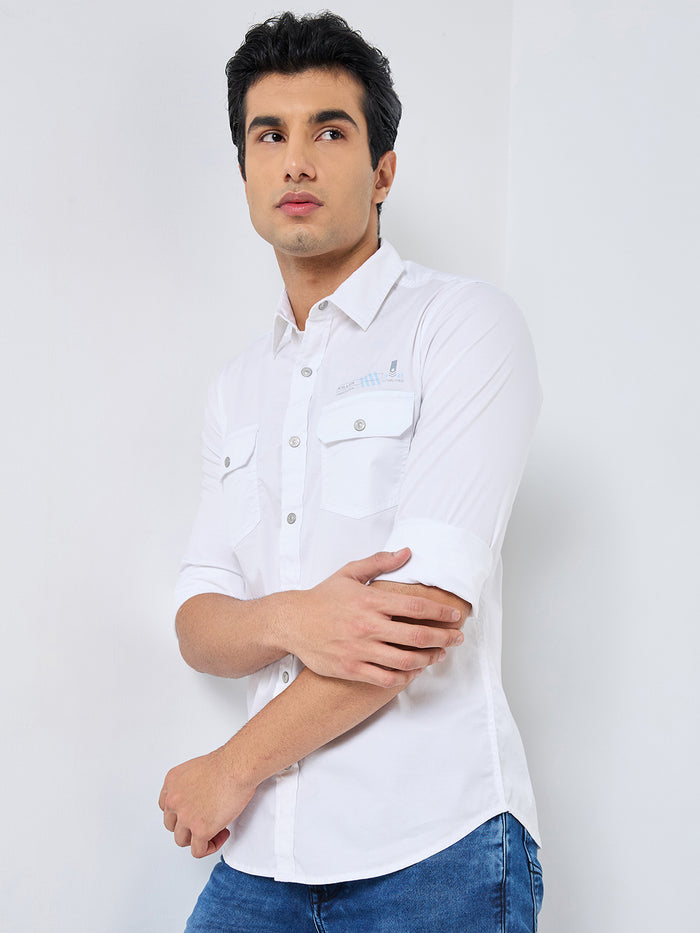 Full sleeves Slim Fit White Double Pocket Solid Shirt