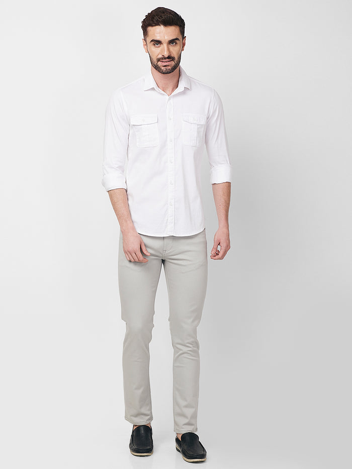 Full sleeves Slim Fit White Double Pocket Solid Shirt