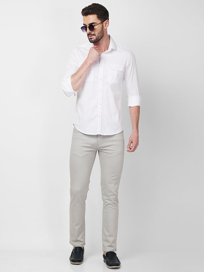Full sleeves Slim Fit White Double Pocket Solid Shirt