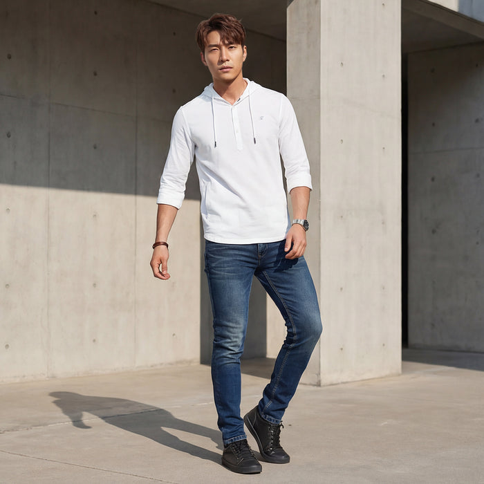Full sleeves Slim Fit White Kurta Placket Hoodie Solid Shirt