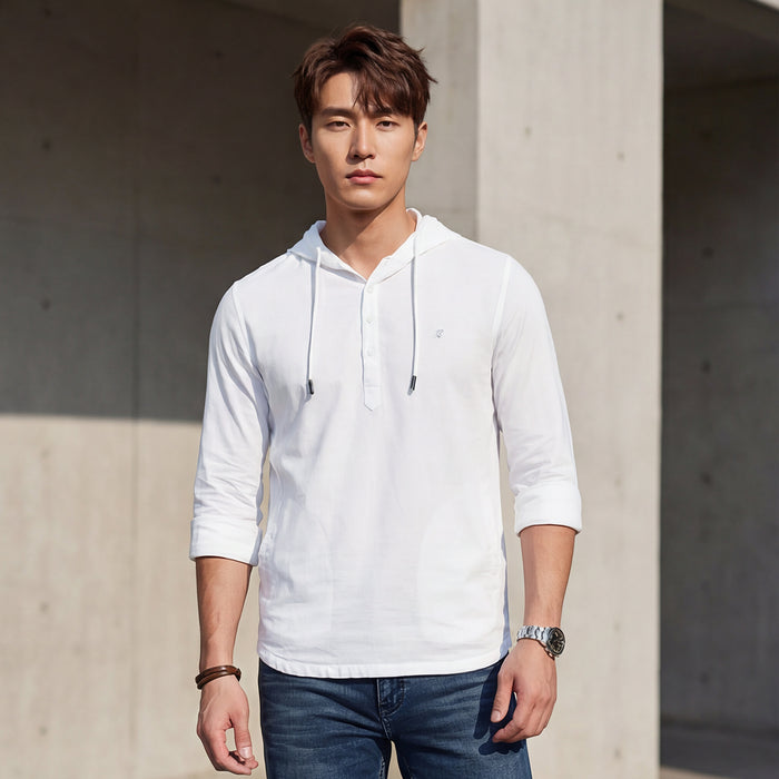 Full sleeves Slim Fit White Kurta Placket Hoodie Solid Shirt