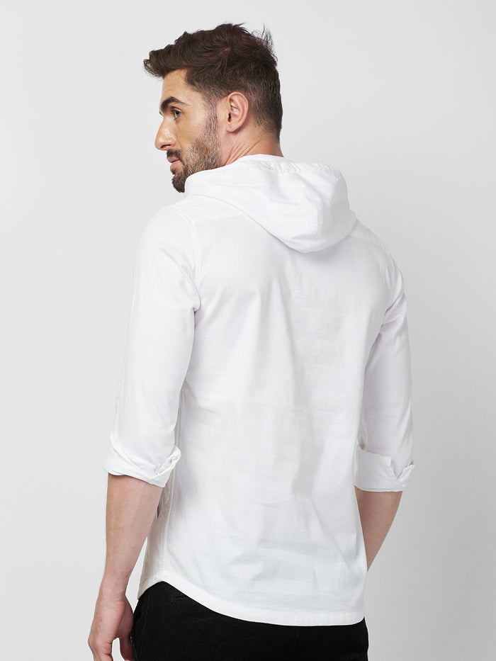 Full sleeves Slim Fit White Kurta Placket Hoodie Solid Shirt