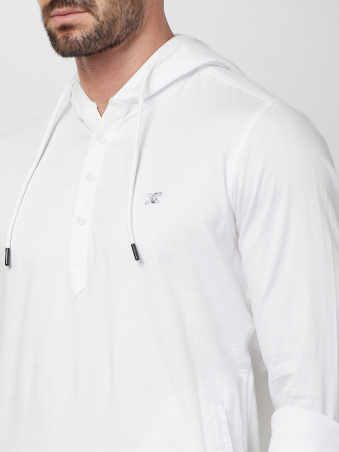 Full sleeves Slim Fit White Kurta Placket Hoodie Solid Shirt