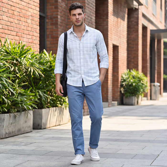 Full Sleeves Slim Fit White Structured Checks Shirt