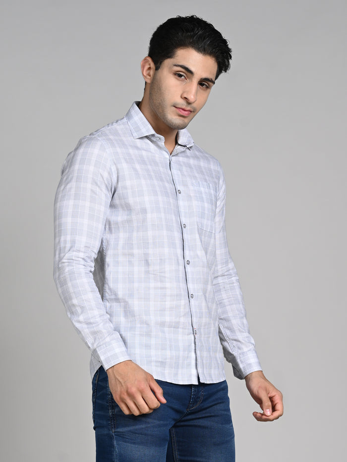 Full Sleeves Slim Fit White Structured Checks Shirt
