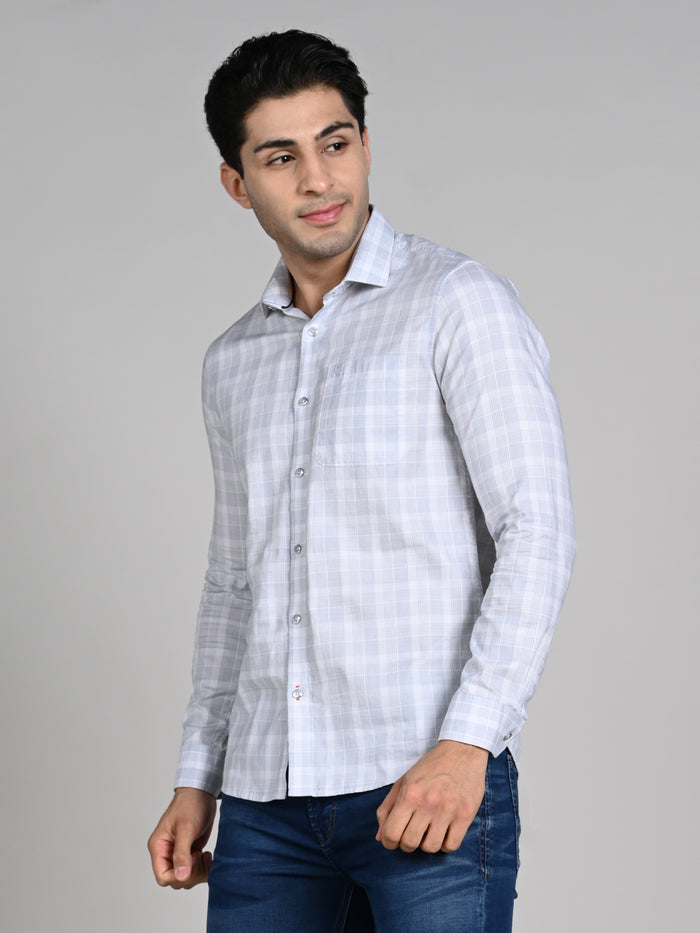 Full Sleeves Slim Fit White Structured Checks Shirt