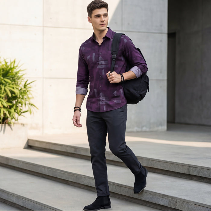 Full Sleeves Slim Fit Wine All-Over Big Geometric Print Shirt
