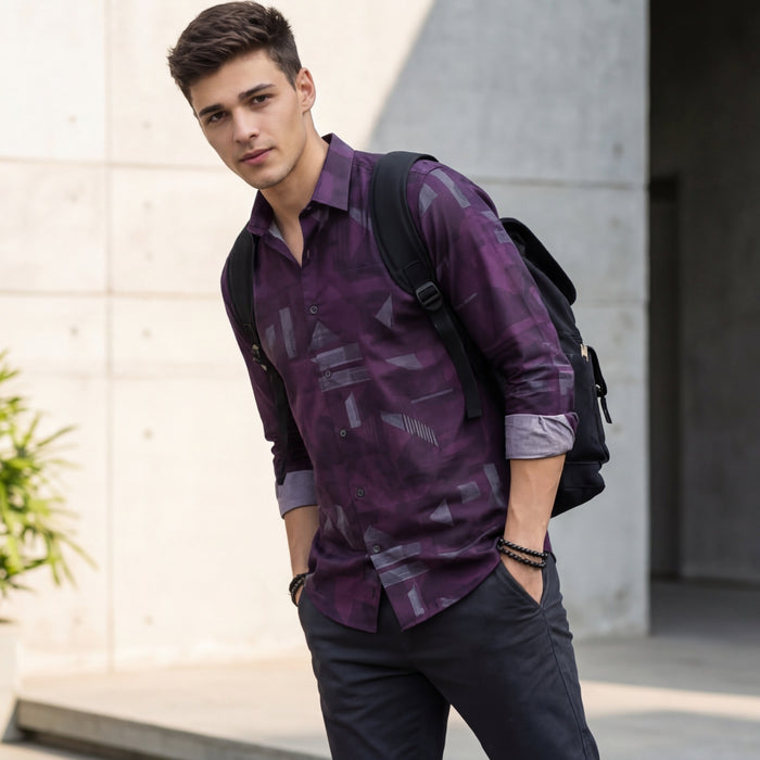 Full Sleeves Slim Fit Wine All-Over Big Geometric Print Shirt