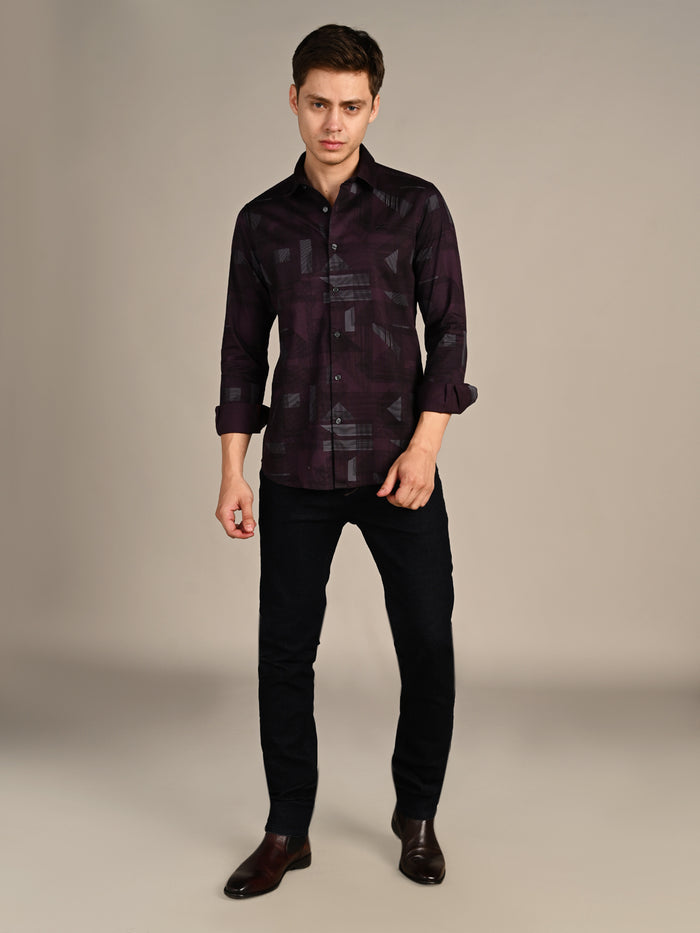 Full Sleeves Slim Fit Wine All-Over Big Geometric Print Shirt