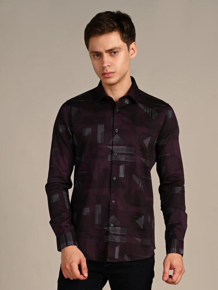 Full Sleeves Slim Fit Wine All-Over Big Geometric Print Shirt