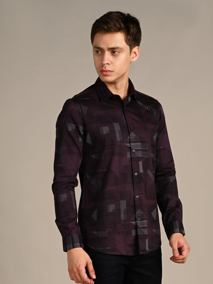 Full Sleeves Slim Fit Wine All-Over Big Geometric Print Shirt