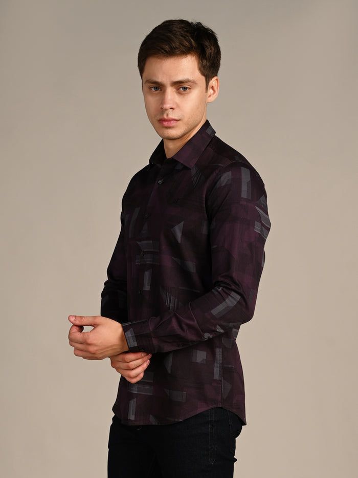 Full Sleeves Slim Fit Wine All-Over Big Geometric Print Shirt