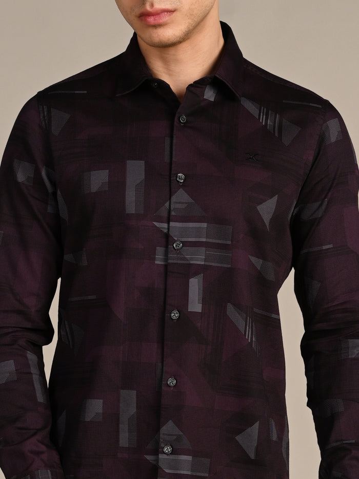 Full Sleeves Slim Fit Wine All-Over Big Geometric Print Shirt