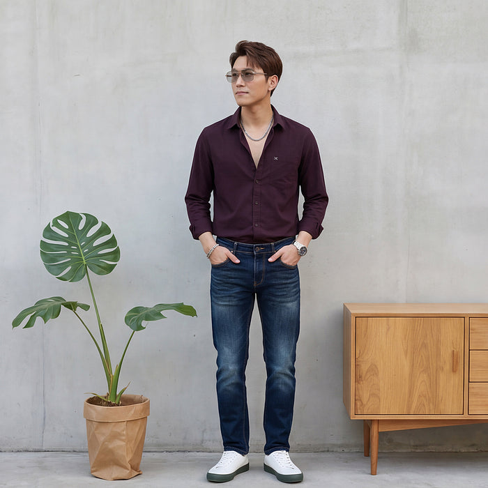 Full Sleeves Slim Fit Wine Doddy Structured Solid Shirt