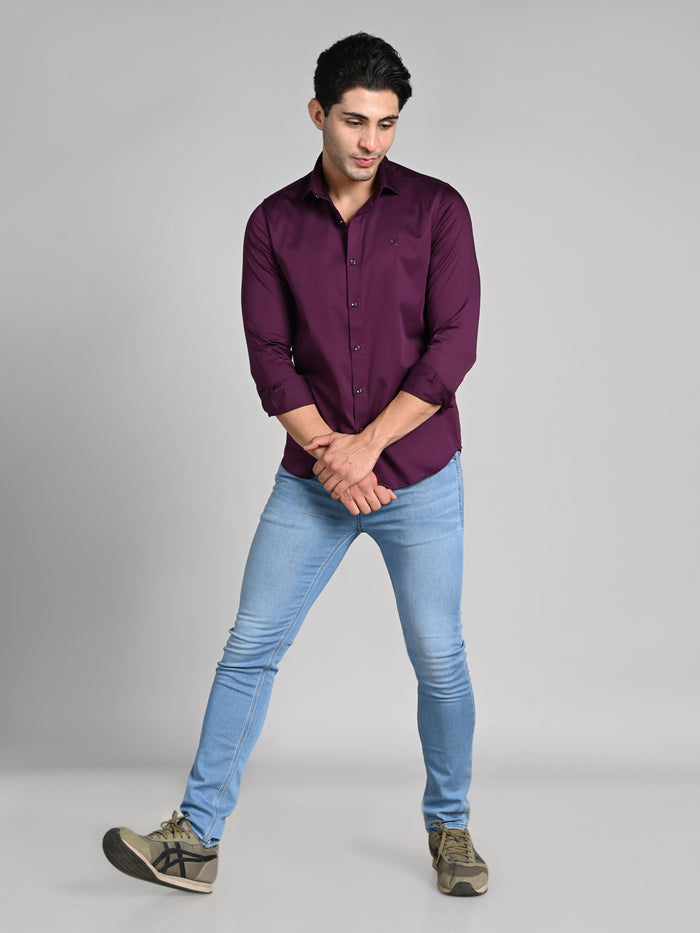 Full sleeves Slim Fit Wine Premium Satin Solid Shirt