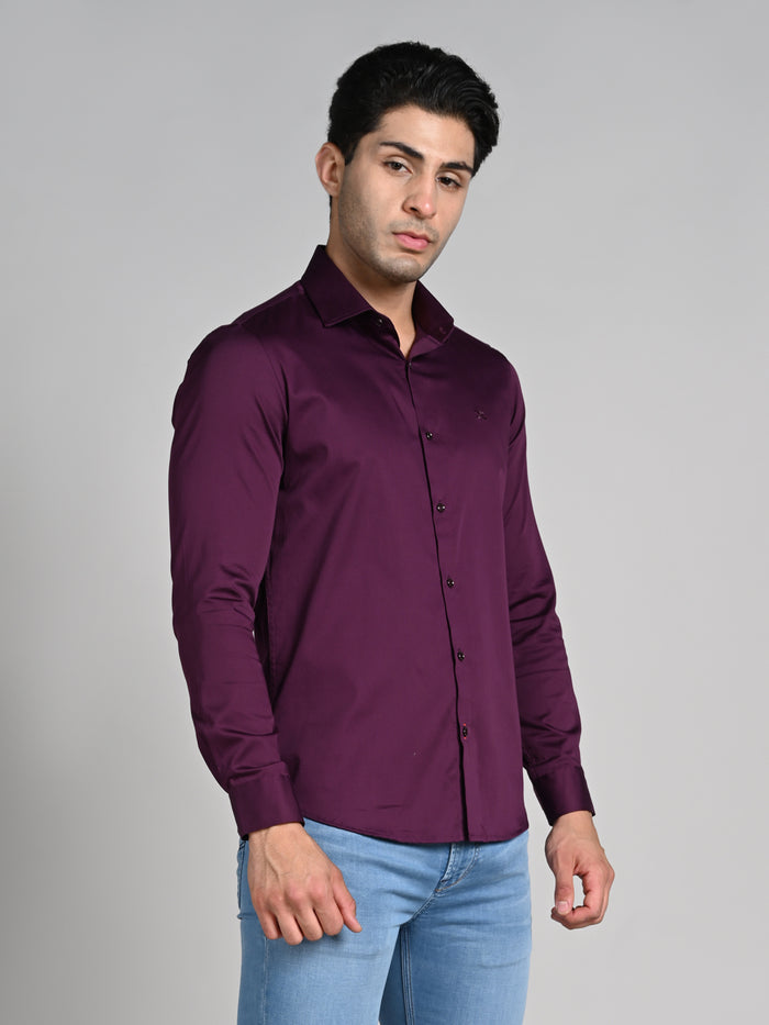 Full sleeves Slim Fit Wine Premium Satin Solid Shirt