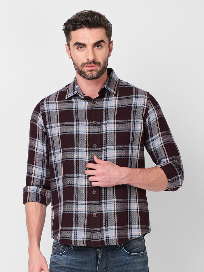 Full Sleeves Slim Fit Wine Structure Checks Shirt
