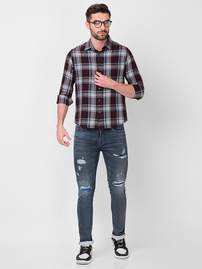 Full Sleeves Slim Fit Wine Structure Checks Shirt