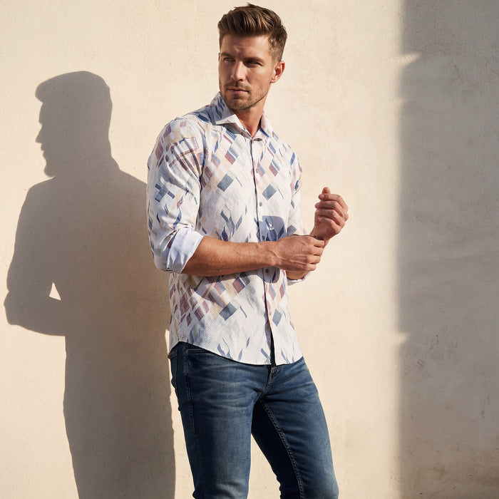 Full sleeves Slim Fit Yellow Abstract Diagonal Brushstroke Print Shirt
