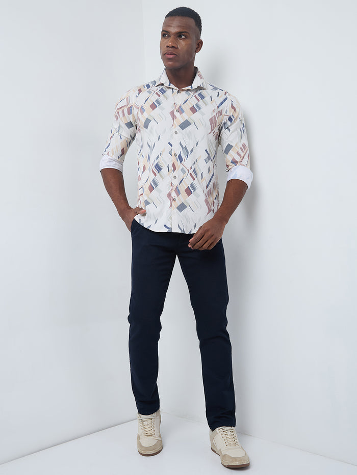 Full sleeves Slim Fit Yellow Abstract Diagonal Brushstroke Print Shirt