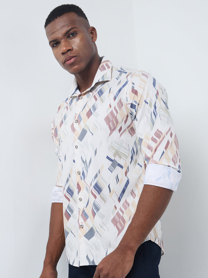 Full sleeves Slim Fit Yellow Abstract Diagonal Brushstroke Print Shirt