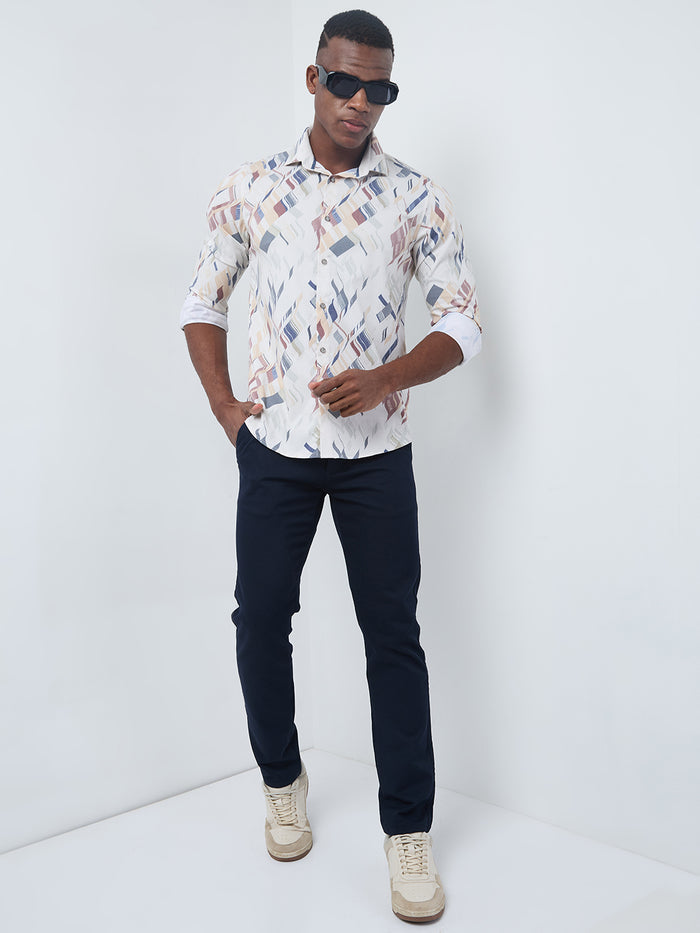 Full sleeves Slim Fit Yellow Abstract Diagonal Brushstroke Print Shirt