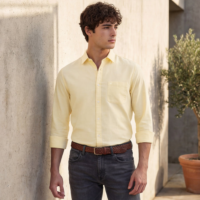 Full Sleeves Slim Fit Yellow Solid Oxford Shirt