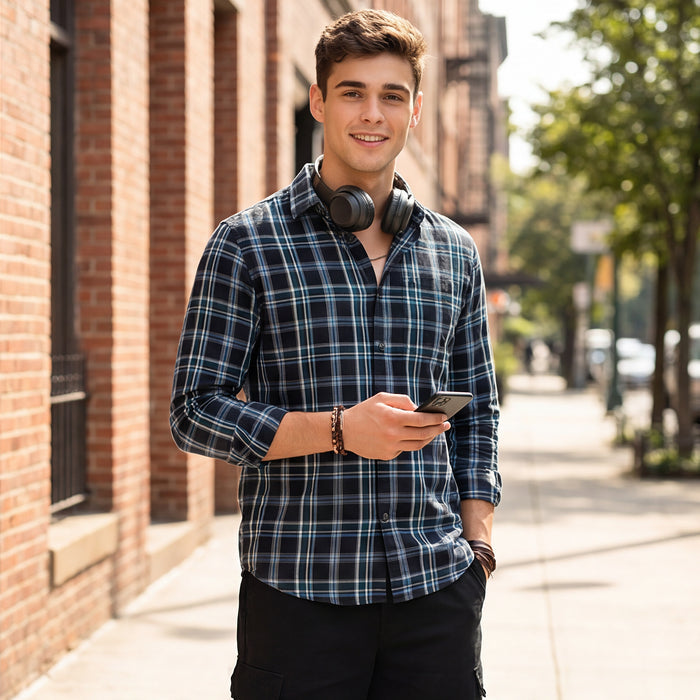 Full Sleeves Staight Fit Black Oxford Checks Shirt