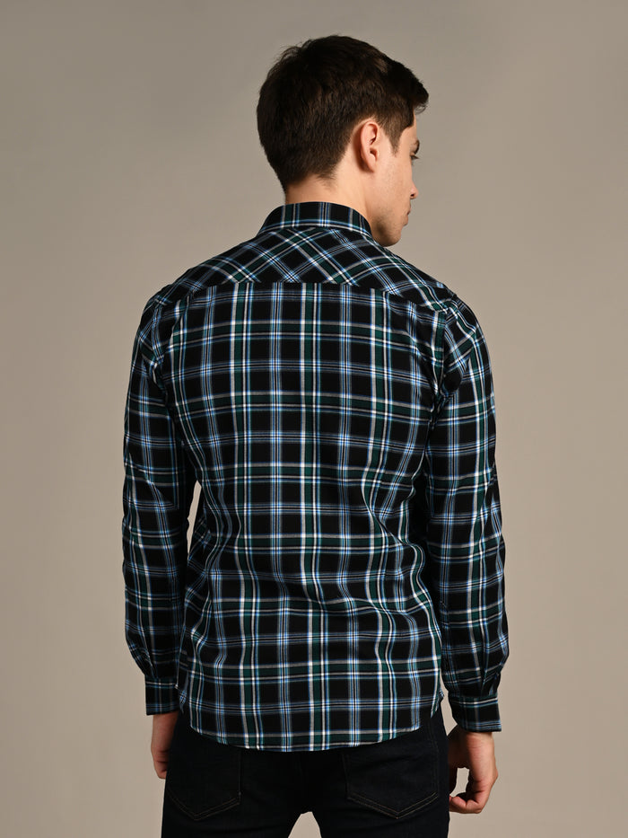 Full Sleeves Staight Fit Black Oxford Checks Shirt