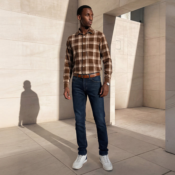 Full Sleeves Straight Fit Brown Heavy Textured Checks Shirt