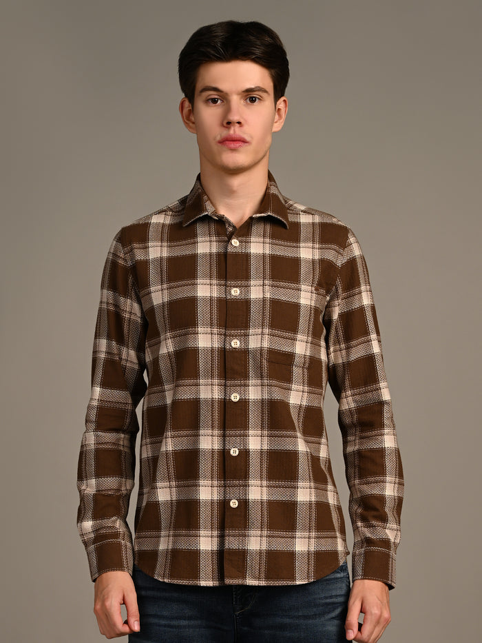 Full Sleeves Straight Fit Brown Heavy Textured Checks Shirt