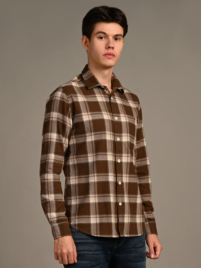 Full Sleeves Straight Fit Brown Heavy Textured Checks Shirt