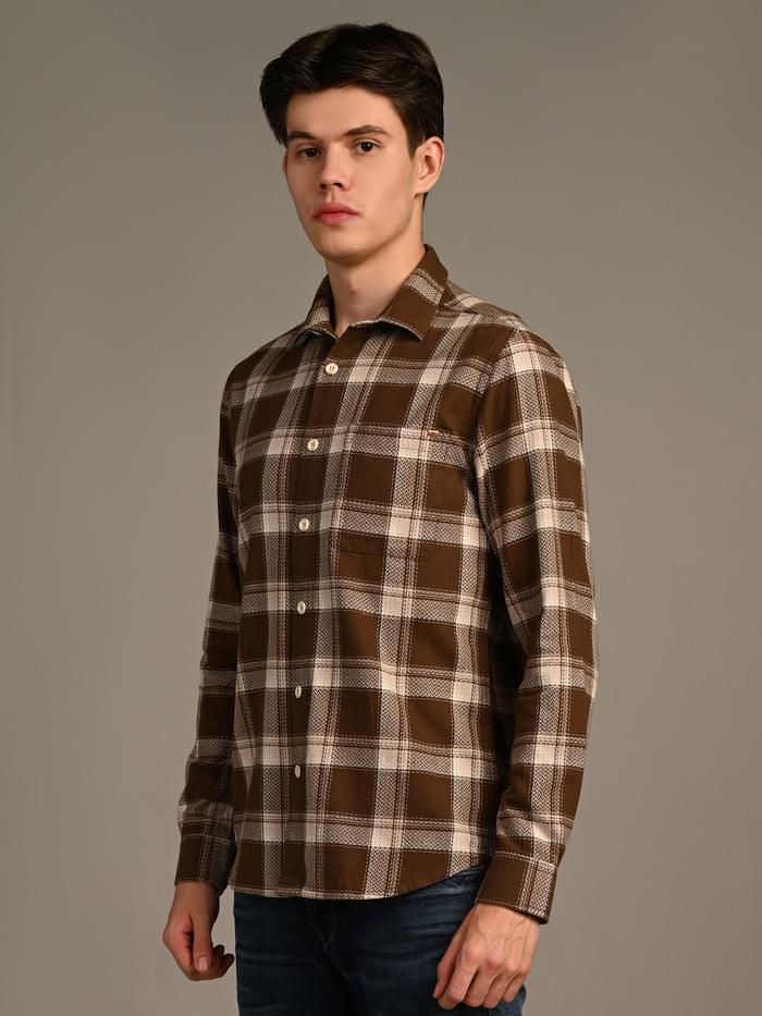 Full Sleeves Straight Fit Brown Heavy Textured Checks Shirt